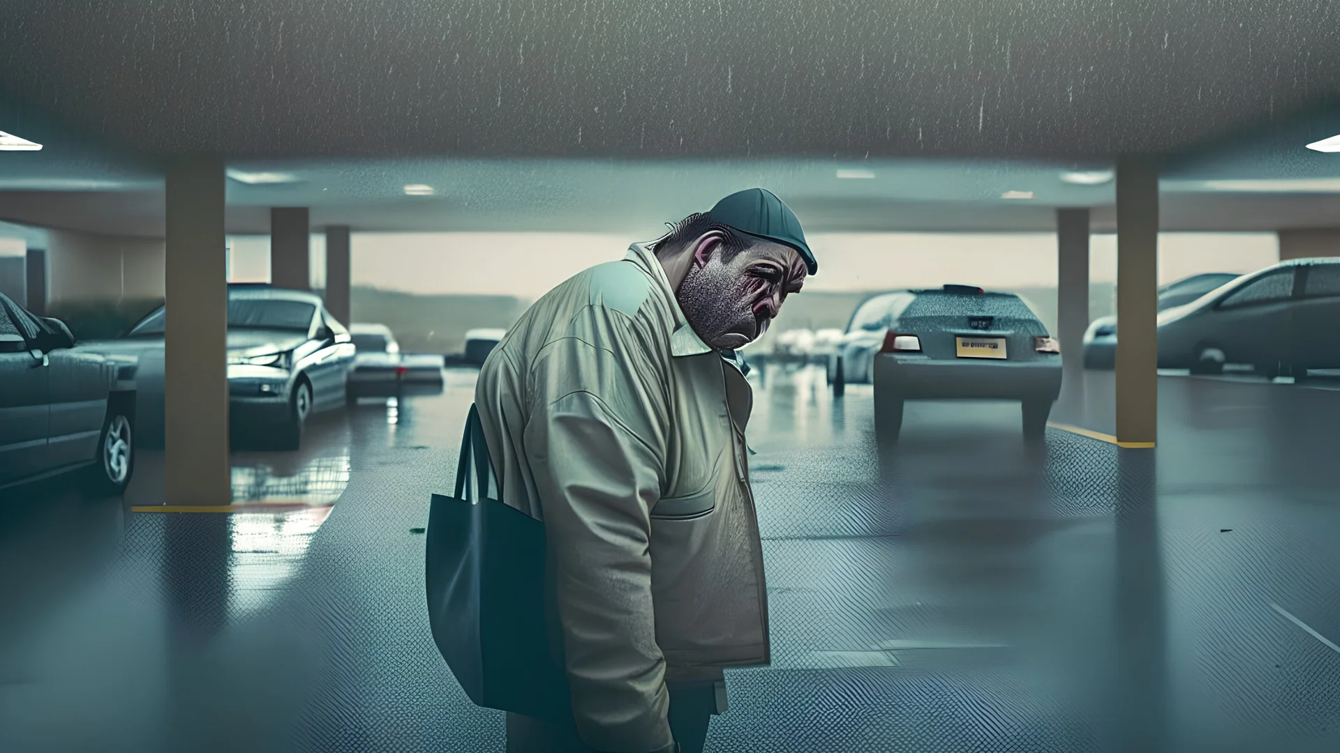 wide angle shot of crying man leaving hotel parking lot