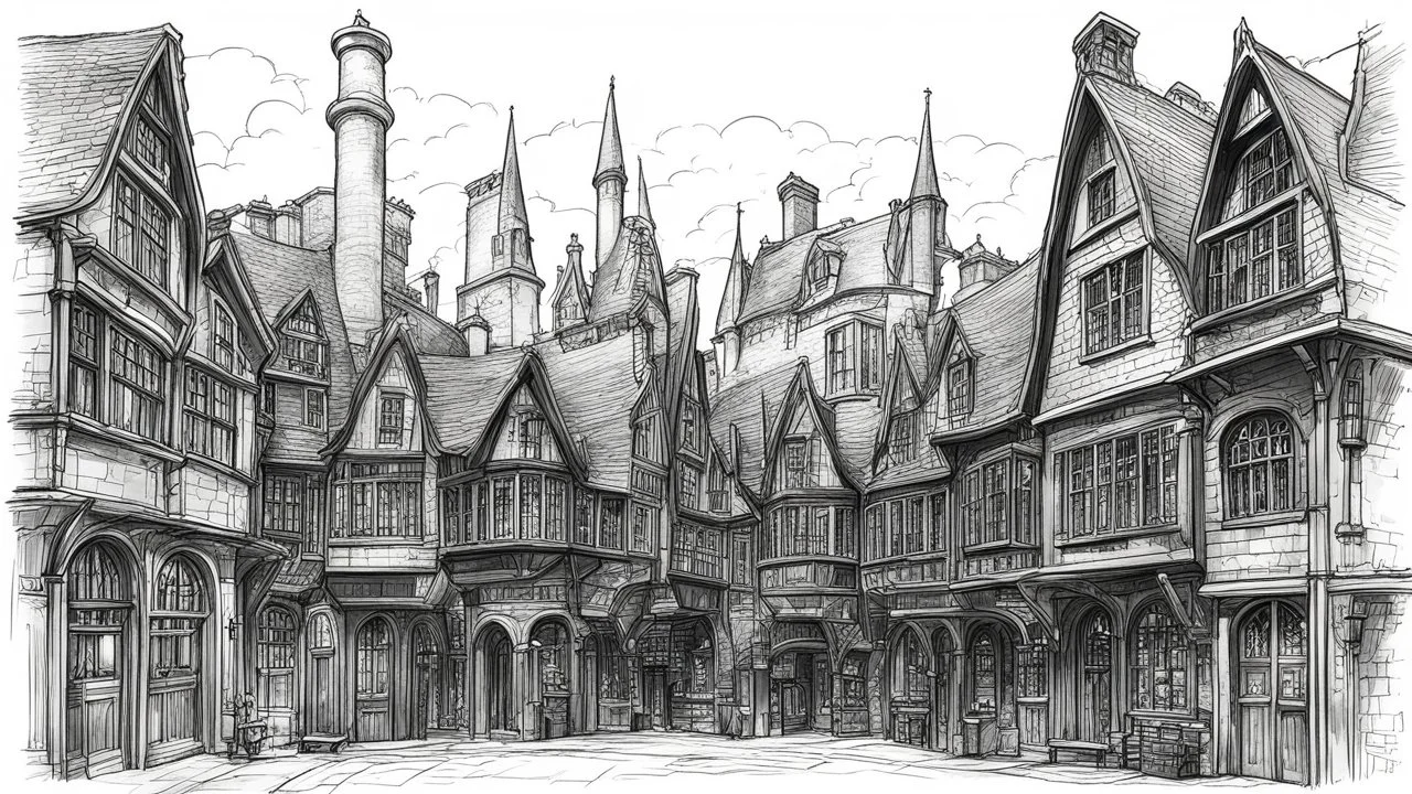 Ground-level black-and-white outline sketch of Diagon Alley, houses, and shops, with tall, crooked roofs and chimneys