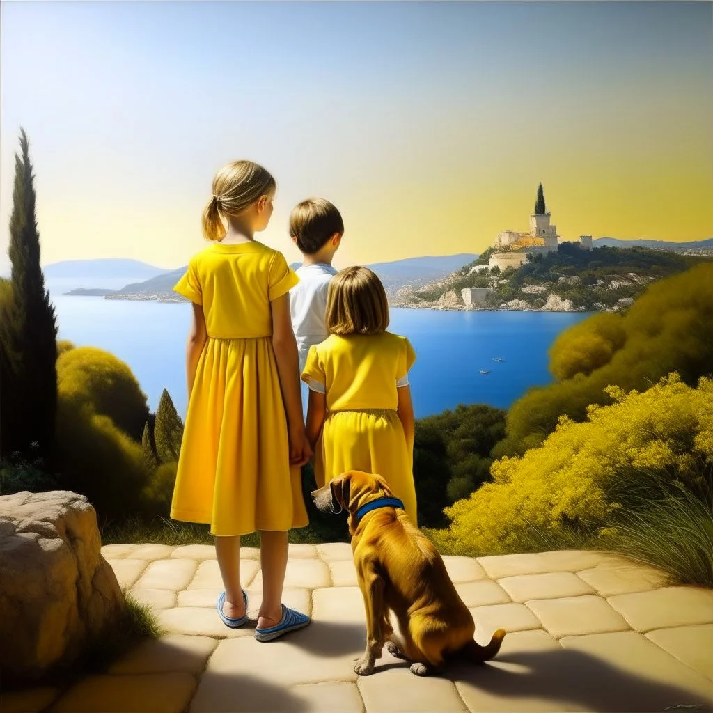 Neoclassicism realistic yellow cote d'azur landscape sea 2 childeren standing with dog