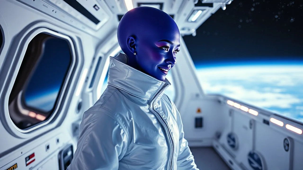 "Artistic photography (((FULL BODY from HEAD to FEET +profile))), enormous almond shape lighted crystal clear eyes, she is dressed in a white shiny jumpsuit she is a gorgeous smiling extra terrestrial woman with indigo purple blue skin with a high elongated skull like a magnum bottle, 40 y/o asian, she wears white snow boots, and she is outside on the deck of the space station in cosmos.
