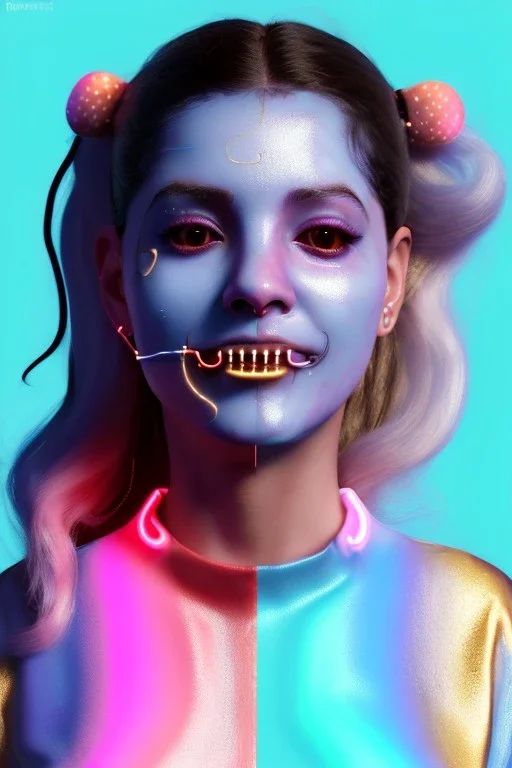 Ultra Realistic image, Rosalía artist, smile portrait, waist up portrait, long black eye line, sweet face, gold pink and blue geisha style, spray glow make up, led lights, neon, led piercing nose, gold teeth, led ornament, fog, oversized bubble latex coat, vibrant color, highly detailed, art stations, concept art, smooth, unreal engine 5, god rays, ray tracing, RTX, lumen lighting, ultra detail, volumetric lighting, 3d, finely drawn, high definition, high resolution.