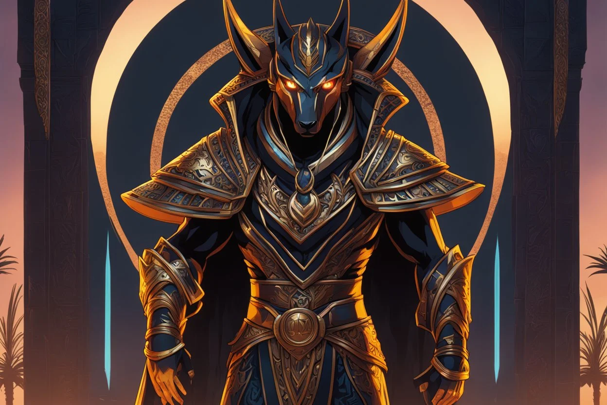 Temple Guard in 8k solo leveling shadow artstyle, anubis them, neon effect, full body, Desert, intricate details, highly detailed, high details, detailed portrait, masterpiece,ultra detailed, ultra quality