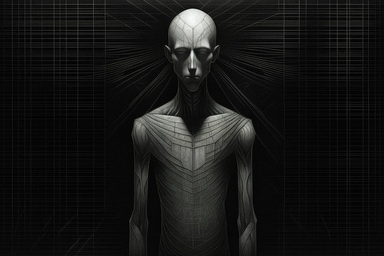 monochrome, cardboard figure on the left of the picture, stocky human figure with a head tilted to the left, almost no neck, no face or hair, schematic drawing, against a dark grey background with a symmetrical pattern, a lighter grey, almost monochrome, in moonlight, crayon drawing in shades of grey and black, ethereal, cinematic postprocessing