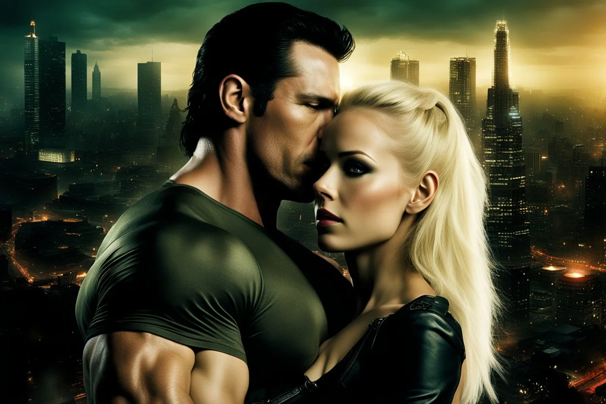 Jason David Frank as very muscular dark haired man hugging pretty blond haired woman, photo realistic, dark fantasy, cityscape