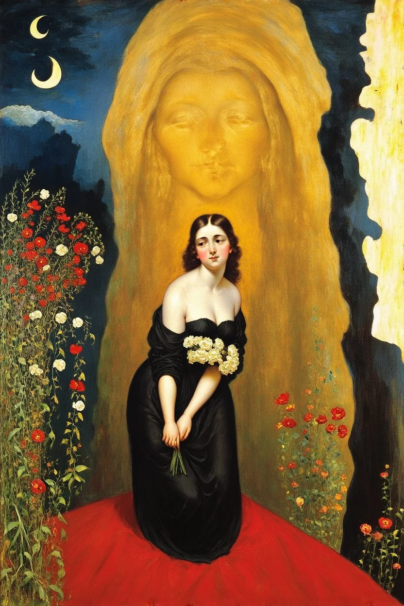 Night, one woman, flowers, vegetations, gothic horror films influence, creepy, depressive, gloomy, witch influence, arnold bocklin, and henry fuseli paintings