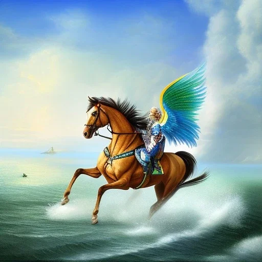 Oil painting, horse with dolphin tail, wings, blue and green, over ocean background