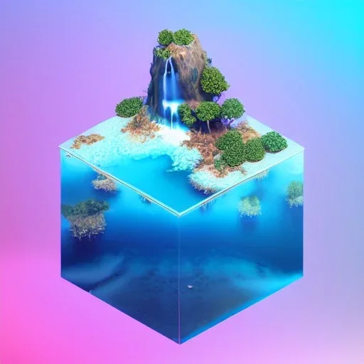 The Isometric Glass Tall Box Mini Model Little Real Island Mixed Water Fall Under Ocean Sunshine Summer Background Blue Sea, The Last Of Us / Avatar, Octane Render / ZBrush, Cinematic, IMAX Film, Nikon D750, 16K, Autostereoscopy, Anthropomorphic, Golden Ratio, Geometry, Symmetric, Depth Of Field, Highly Detailed, Ultra Realistic, Beautiful Lighting, Halfrear Lighting, Soft Light, Candoluminescence, Cast Shadow, Reflective, Glow, Translucent, Normal Map, Carbonated --testp