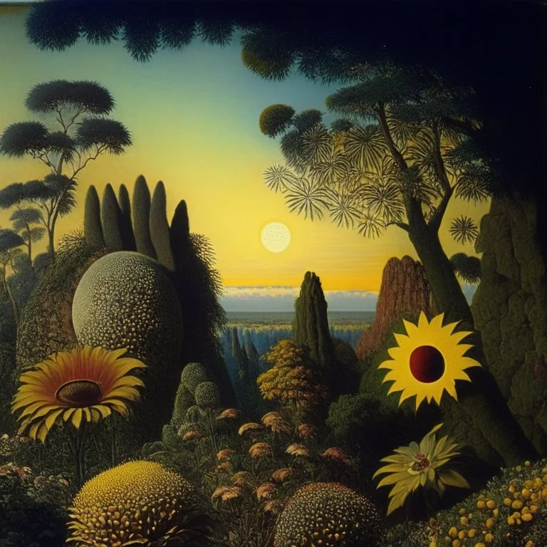 High definition photography of a marvelous landscape, trees, flowers, giant sun, intricate, rock formations, atmosphere of a Max Ernst painting, Henri Rousseau, thoughtful, interesting, a bit appalling, smooth