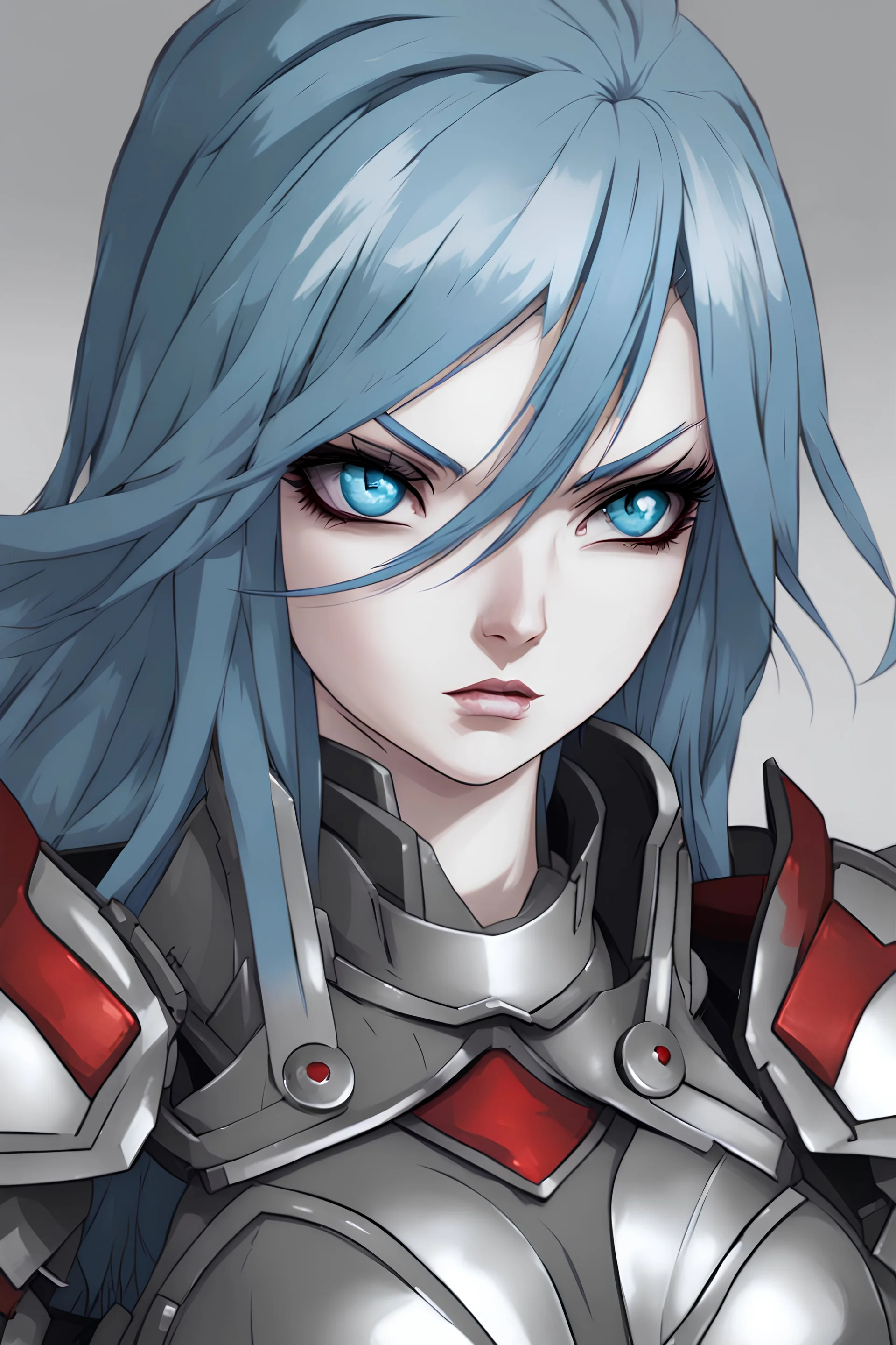 a beautiful woman wearing armor, looking at the camera, angry, blue eyes, blue hair, armor with gray and red colors, anime artstyle, close up, a bit of blood on his face, longe hair, furious expression, persona 2 artstyle