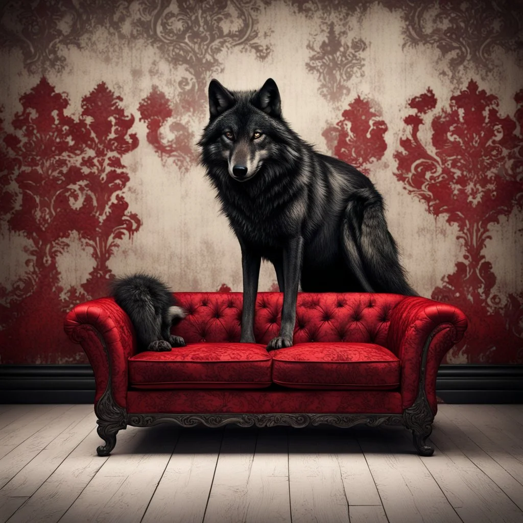 Hyper Realistic Dark Fancy Lounge with black wolf sitting on a Fancy Couch & Grungy Red Damask Texture on Rustic off-white Wall with peeling & vignette effect at night