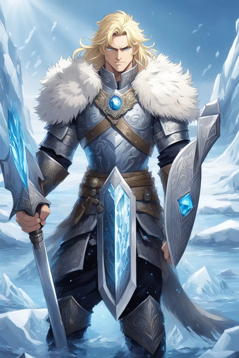 1 anime man. warrior, with blue eyes and blonde hair man in silver Viking armor with fur around the neck with blue crystal on his chest, standing in water in the artic, holding a ice sword and shield, warrior in, anime style