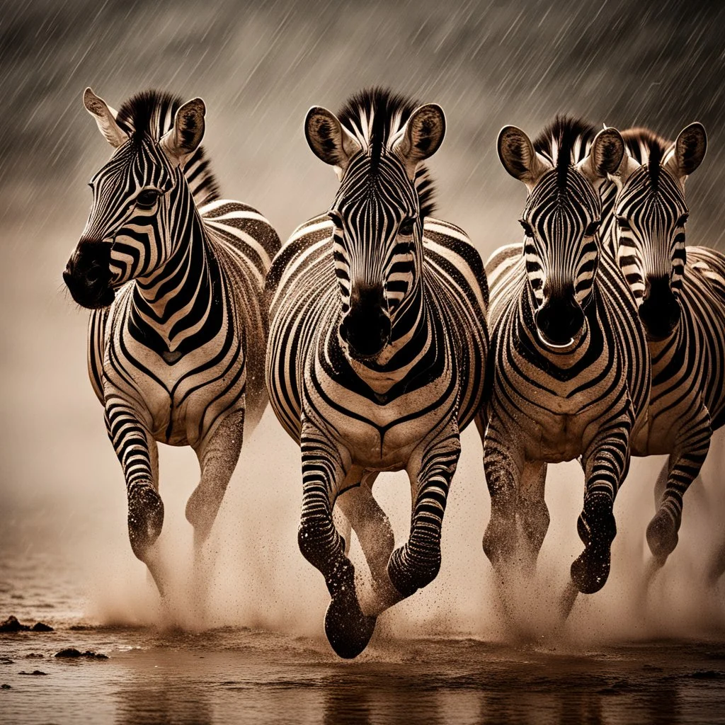 A group of majestic zebras running through a dramatic thunderstorm, with lightning flashing in the sky and rain pouring down around them. The image should capture the intense energy and beauty of this moment.