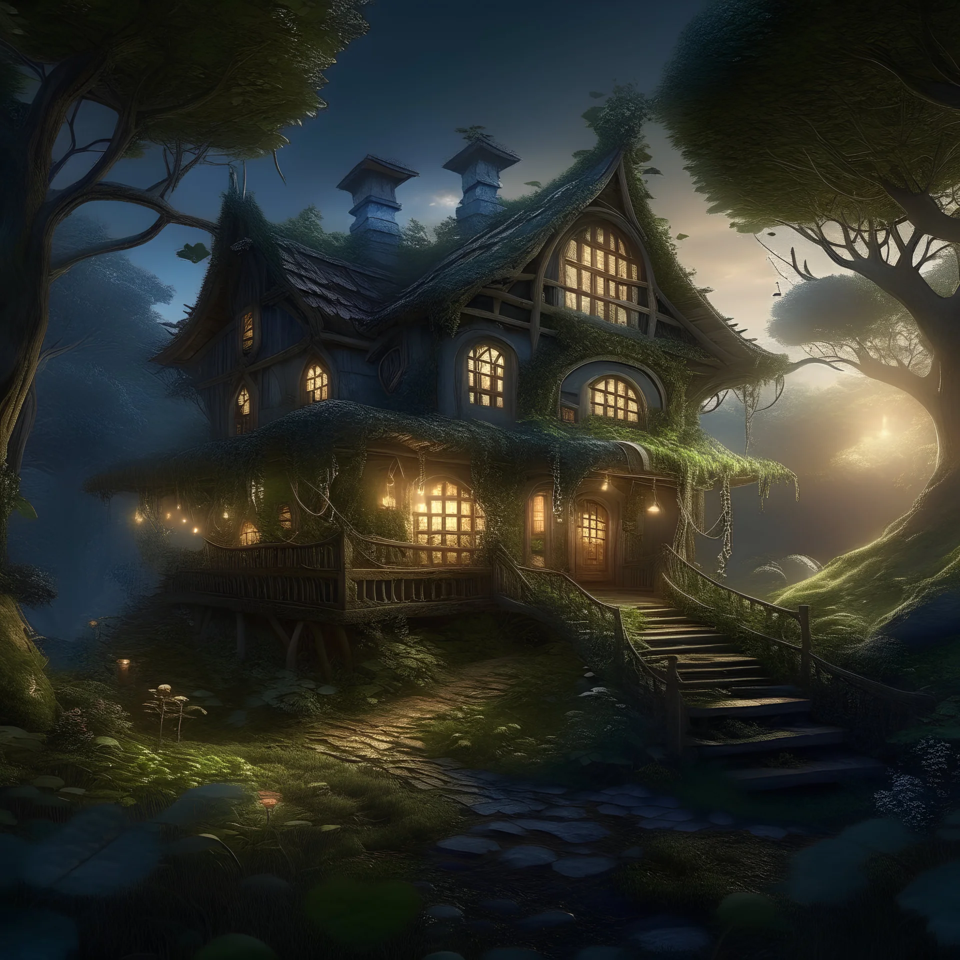 In the heart of a mystical woodland, the mysterious forest house stands silent and proud, its architecture seamlessly blending with nature. Twisting vines adorn its exterior, and a winding trail of fireflies illuminates the way to this ethereal abode as night falls