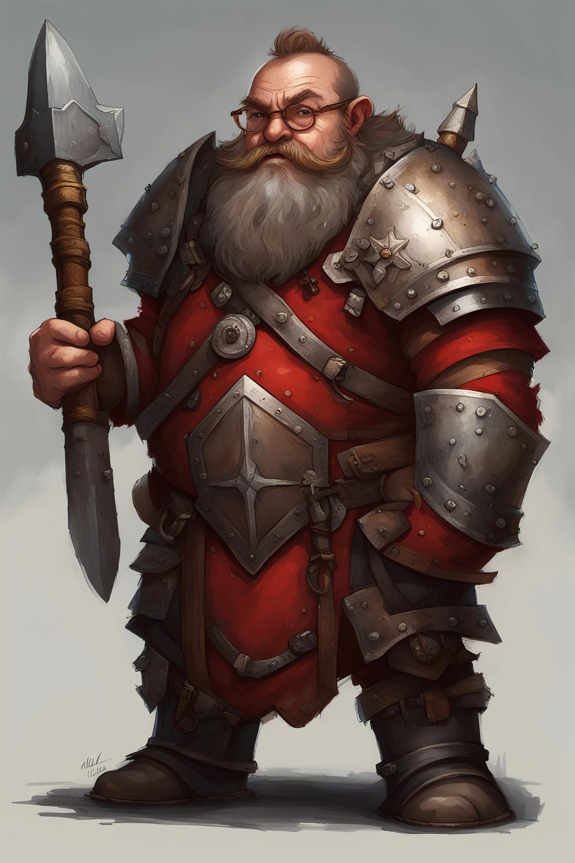 Dwarf, middelaged, fat, glasses, red heavy armor, donning a tower shield and a waraxe