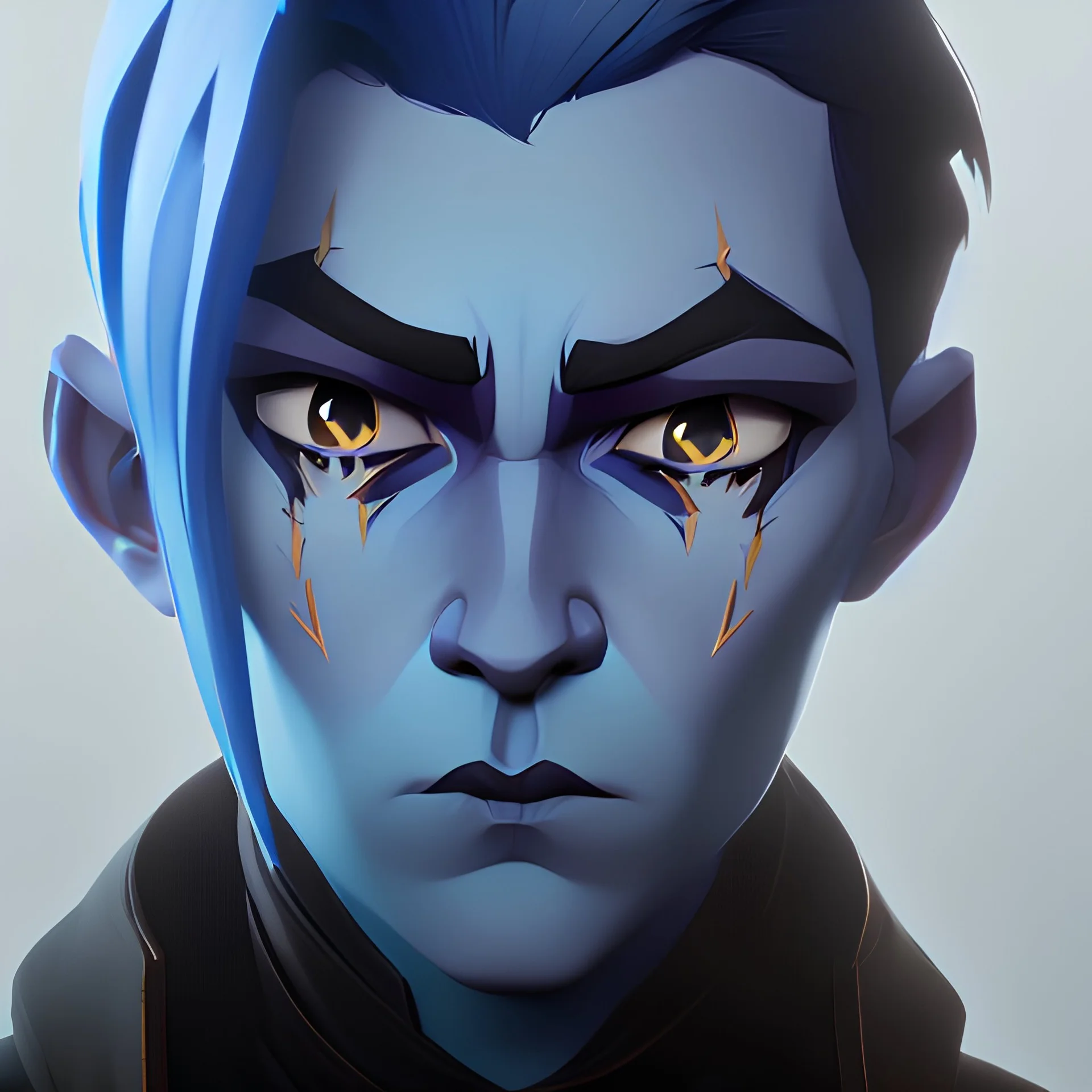 Portrait of a Humanoid Figure, Blue skin, Grey Brushed sideways spikey Hair, Scar on Right Eye, black Cloak, Hooks.