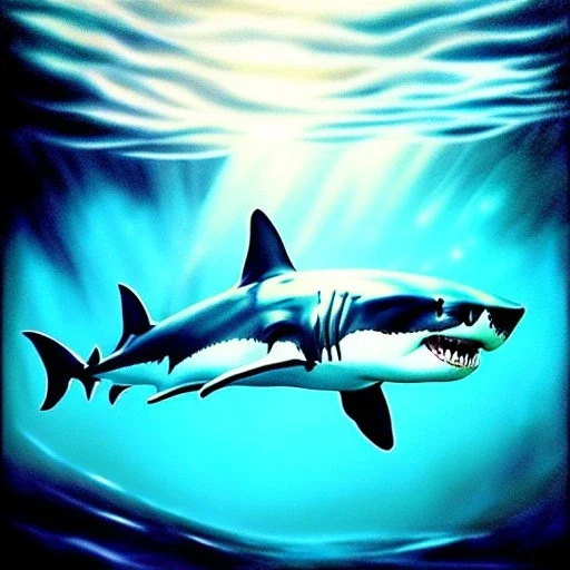 Epic fullsize oil Drawing of Photorealistic dramatic hyperrealistic,ultra realistic,with scars old Great White Shark, underwater, daylight ,by WLOP, Artgerm 8k