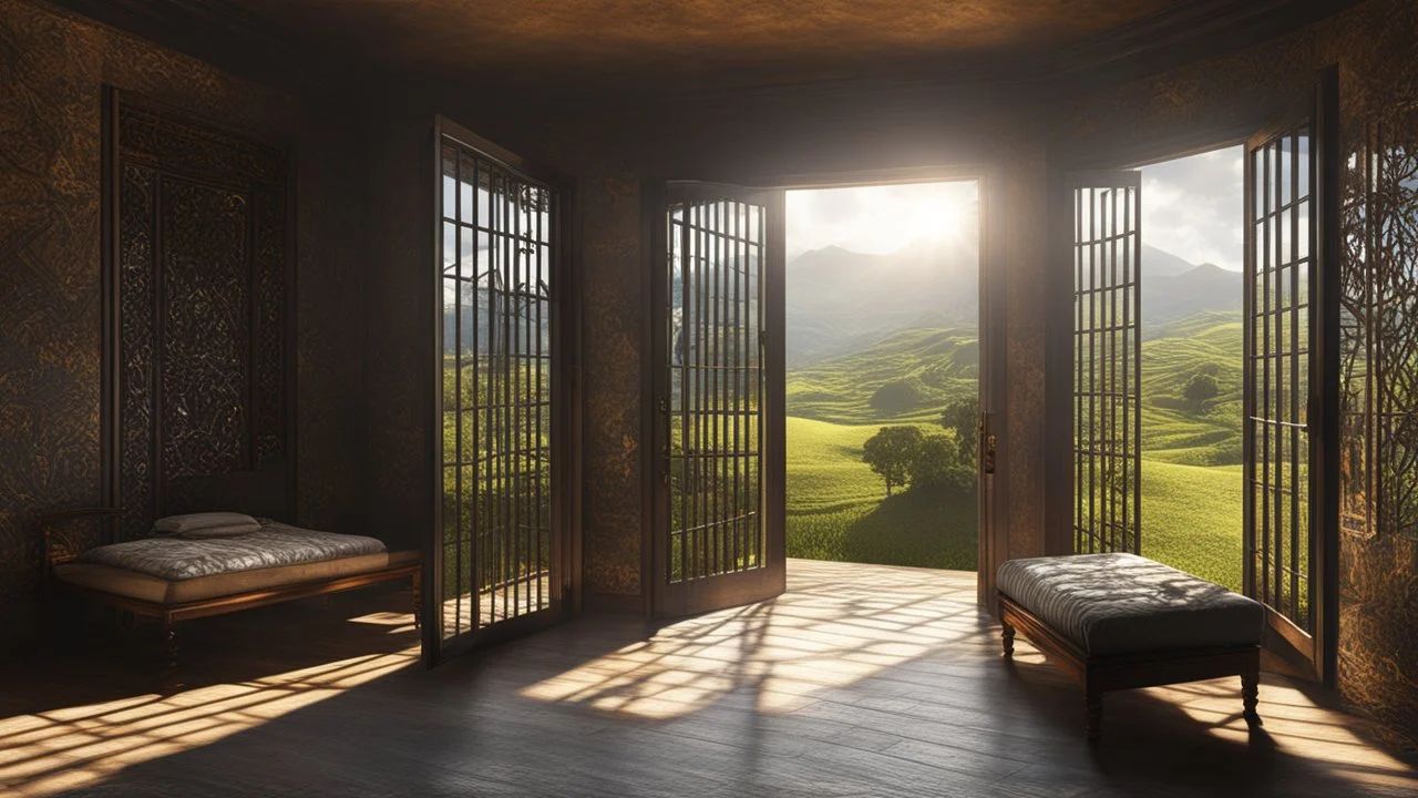 Interior of a dark dismal prison cell with bed and chair, looking out through an open cell door into gardens and distant hills in bright sunshine and freedom. Exquisite composition, beautiful detailed intricate detailed octane render, 8k artistic photography, photorealistic, perfect light, chiaroscuro, award-winning photograph, masterpiece