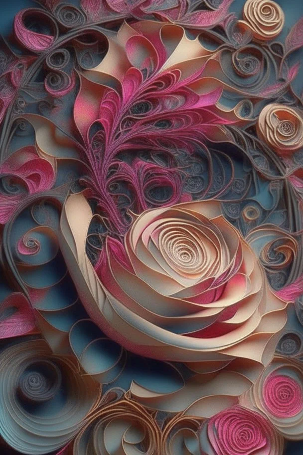 Using morphic resonance to change frequency in the visual field; insanely detailed; quilling; elegant, fantasy, rose tones, beautiful, rapturous