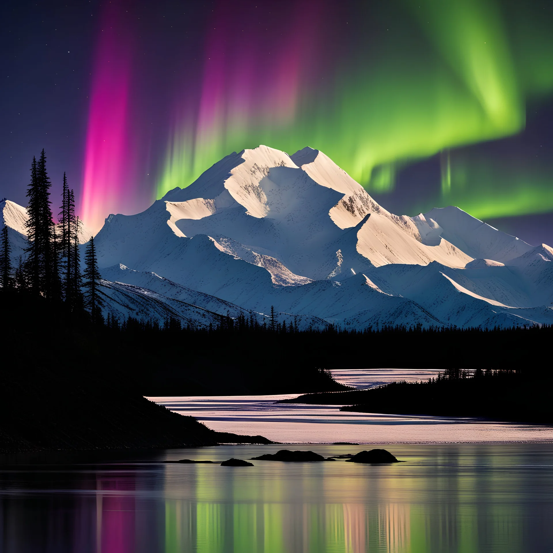 Denali mountain silhouette with bright aurora borealis in backround, with water