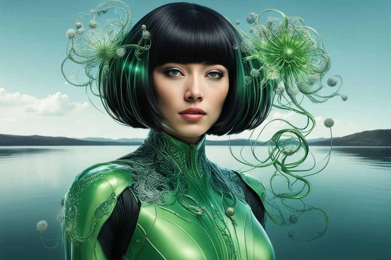 Depict an image of a thin, Hispanic woman featuring a black bob hairstyle, garbed in a uniquely designed android suit coloured green and silver. She gazes at a peculiar sight - dandelion heads that possess octopus-like tentacles, floating in the air. In the backdrop, there unfolds an extra-terrestrial panorama of a glass-like lake encircled by tall, slim cloud-like trees that seem mostly alien in their existence.