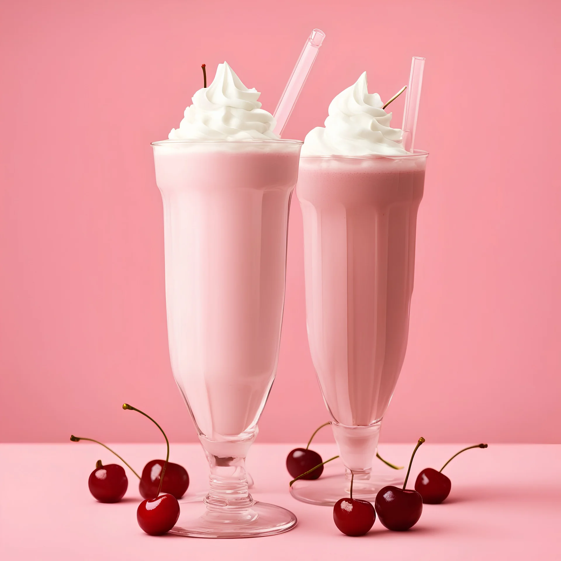 a series of four milkshakes, with whipped cream and a cherry, in the style of light pink, mid-century, large-scale photography --ar 2:3 --style raw --v 5.1