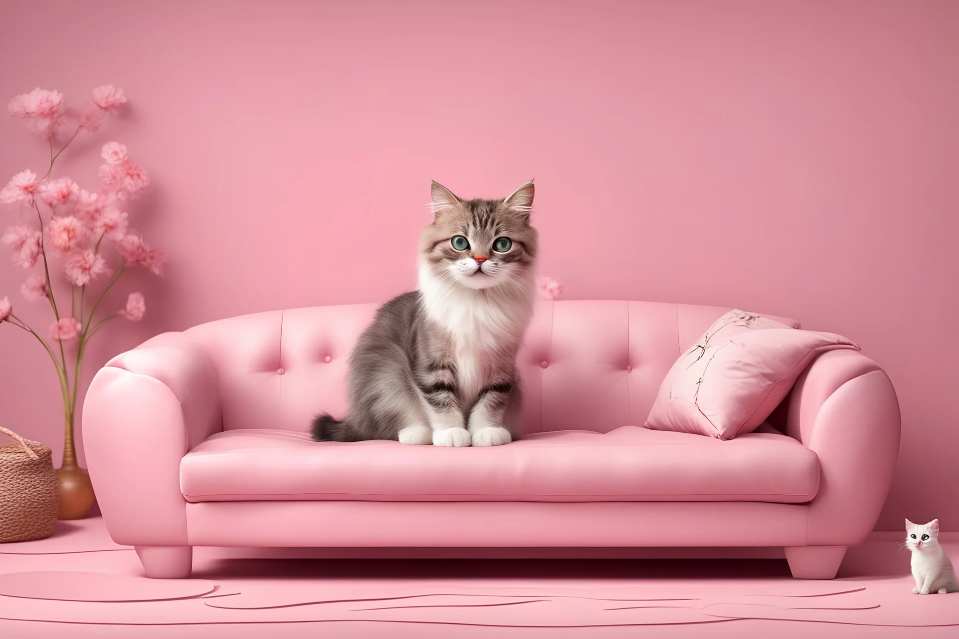 funny cute cat sitting at the sofa bed in front of wishkas disney style 3d light pink background