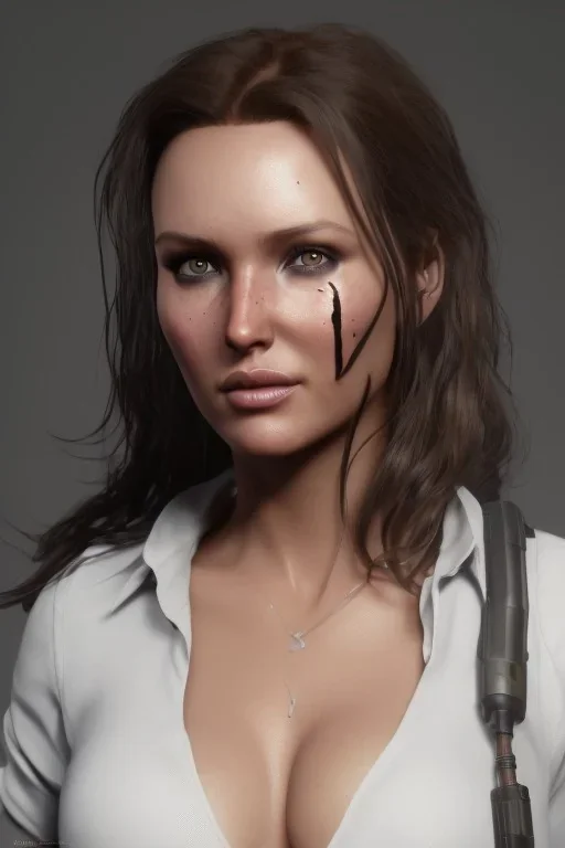 camilla luddington face, lara croft clothes, portrait busty and face, light effects, particles, explosion fire,