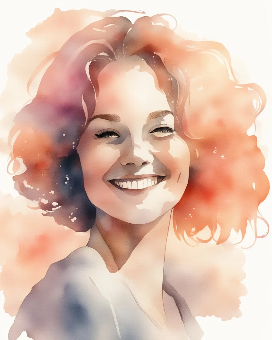 grown-up woman smiling silhouette and hair light peach colors watercolor draw