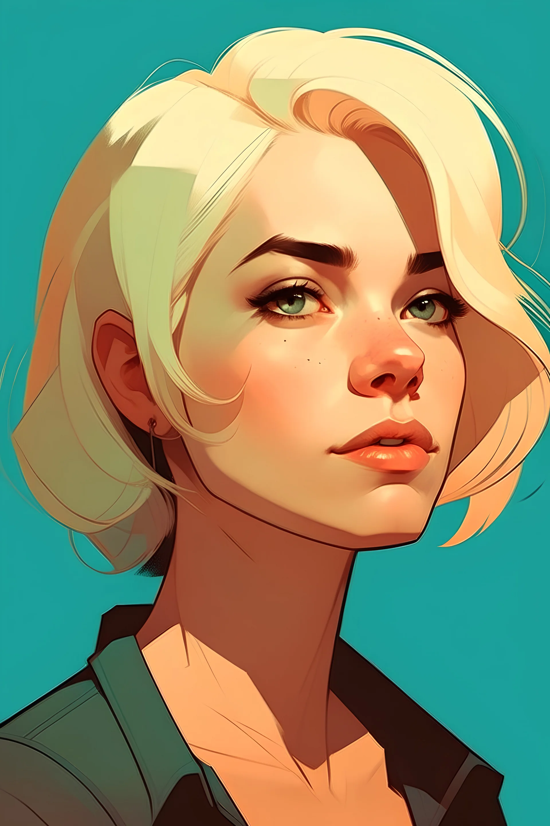 (Highly detailed full face portrait of stunningly beautiful woman, blonde hair, Atey Ghailan, by Loish, by Bryan Lee O'Malley, by Cliff Chiang) AND (neutral, amused expression)