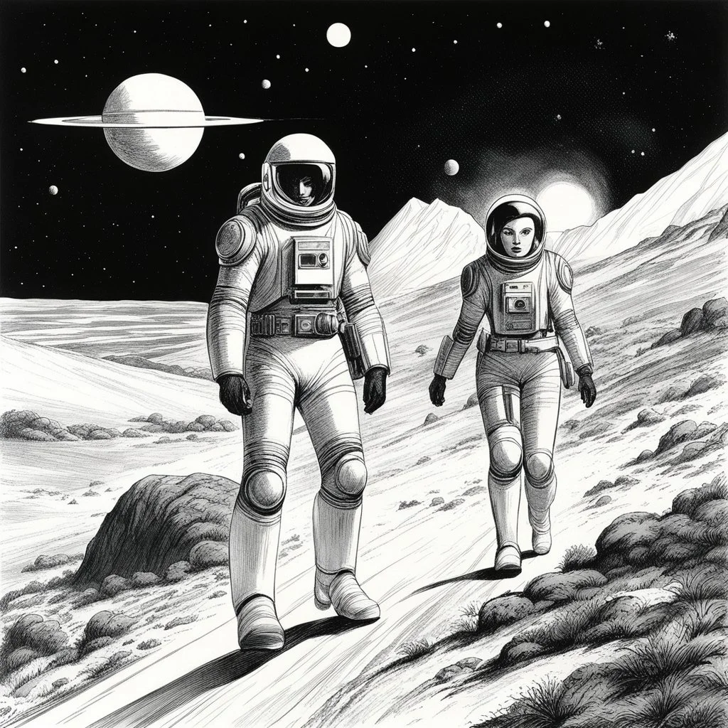 spatio-temporal agents in spacesuits: man and redhead woman [illustration by Jean-Claude Mézières (1967]) Valérian and Laureline, navigate the ever-shifting landscapes of time and space with a grace born of experience and a resolve tempered by duty. Armed with advanced technology and unwavering determination, they traverse the corridors of time, unraveling the mysteries of the past and safeguarding the sanctity of the future. Together, they traverse the boundless expanse of time and space, confr