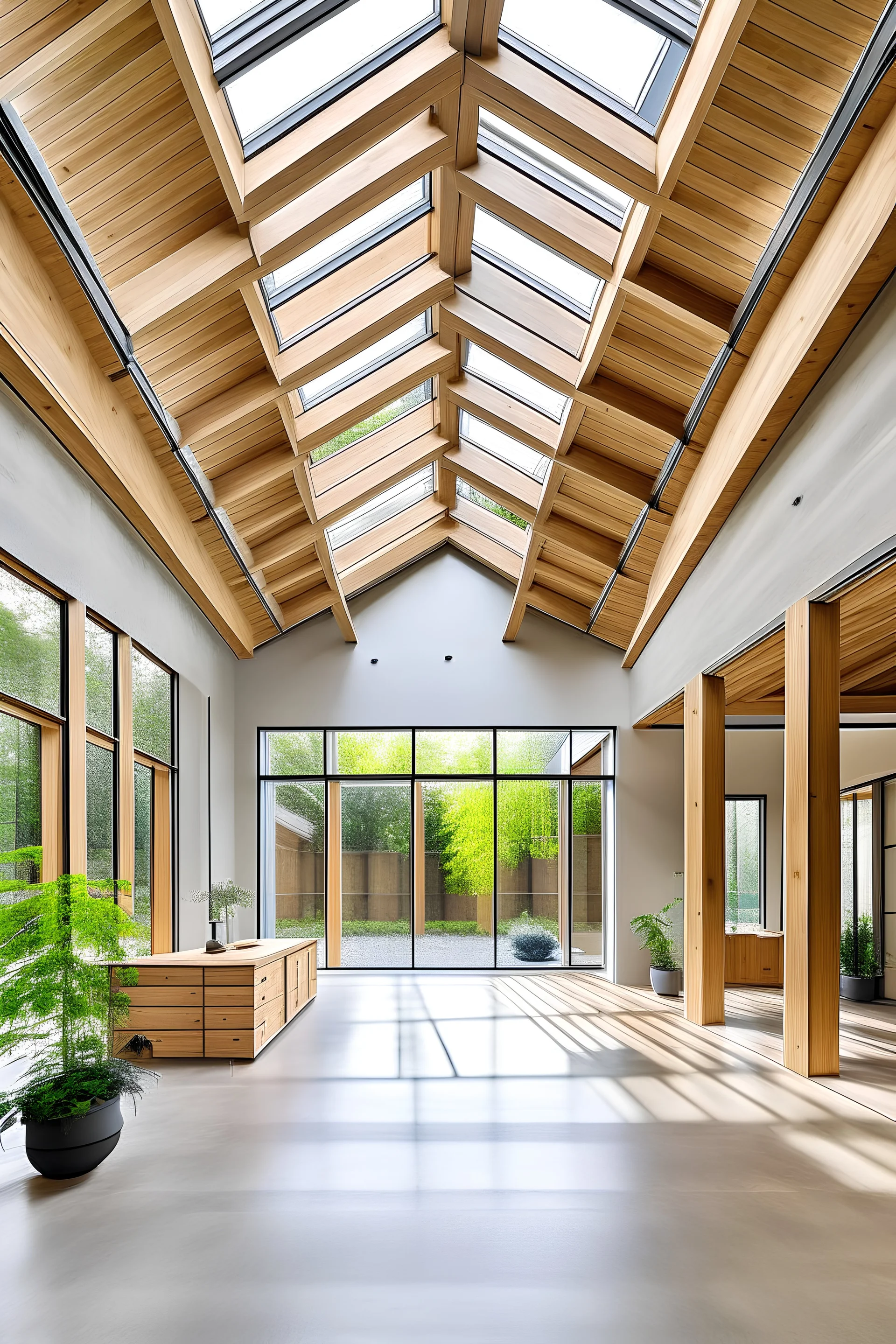 factory floor cealing skylights wooden beams flat cealing concrete walls frameless windows