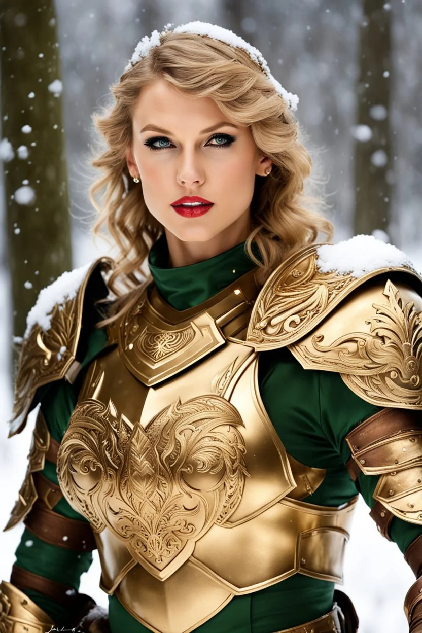 Photography fantasy art,beautiful Taylor Swift as a woman valkyrie,beautiful woman, golden armour, snow background, green eyes,