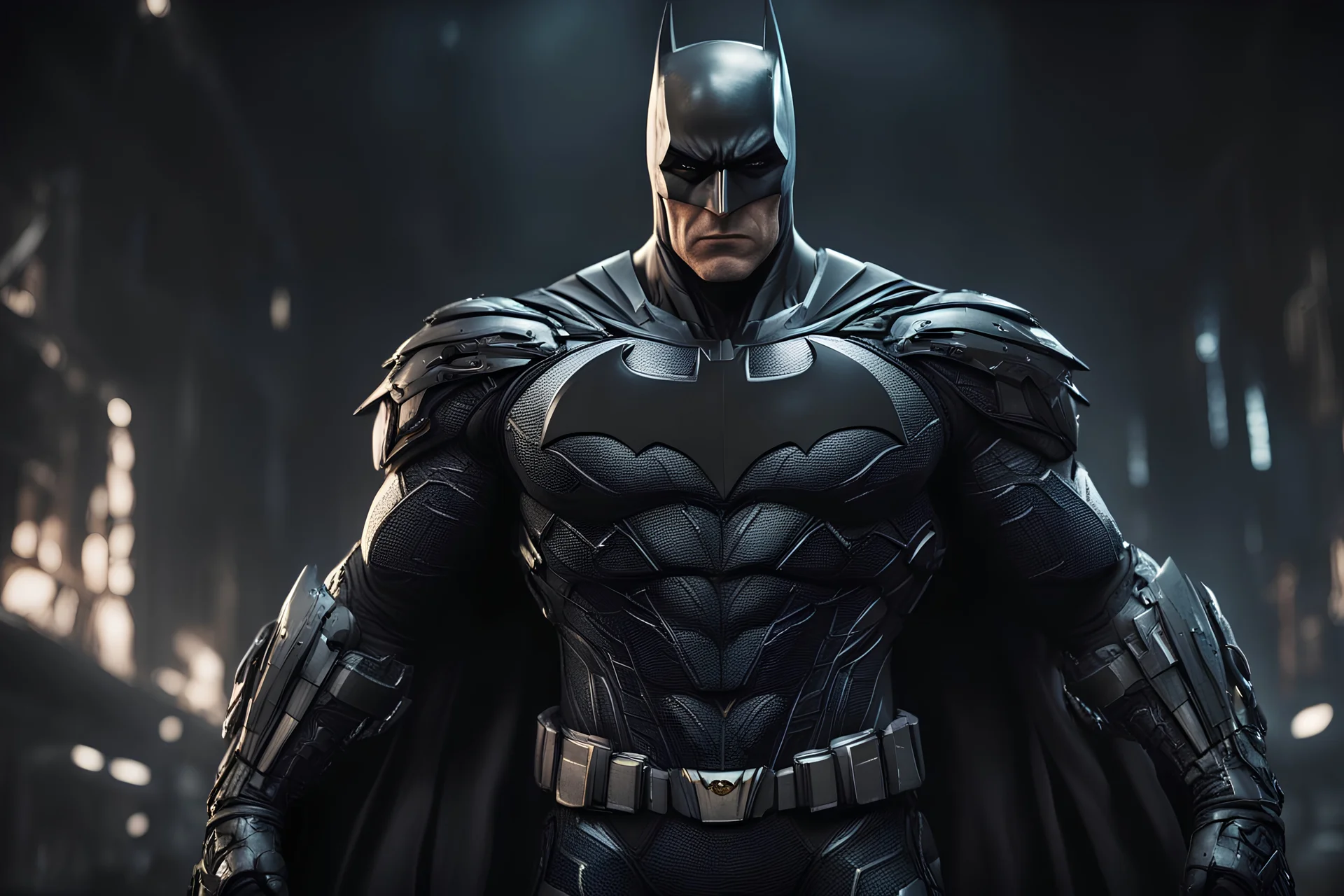 Batman in a mega cool Black iron super suit with on his arms and shoulders, hdr, (intricate details, hyperdetailed:1.16), piercing look, cinematic, intense, cinematic composition, cinematic lighting, color grading, focused, (dark background:1.1)