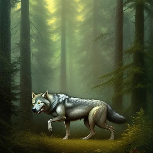 frank frazetta style, wolf in the forest clearing