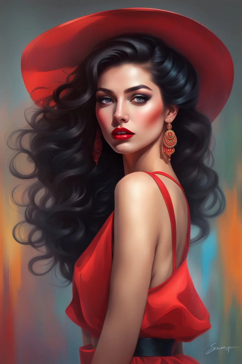 A full body Portrait of a beautiful young woman, slanted, dark eyes with large eyelashes, voluminous wavy black hair, red lipstick, thin strap blouse, colorful, perfect face, shine, realistic, best image quality, oil paint, Light clothes, vivid colors, Thin strap blouse, Art By Jon Bauer,, By cgsociety,standing