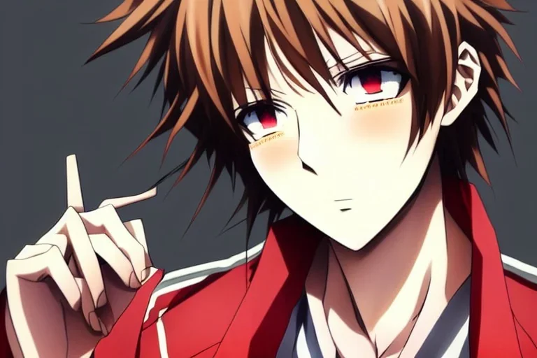 Detailed pretty anime boy, brown hair with blonde strips, keep head in frame, headshot, glaring, brown eyes, covered in bandages, looking serious, illustration, digital painting, only one character, color scheme red, wearing many bandages, Osamu Dazai inspired, anime inspired, manga, dazai, red hair, Chuuya, pretty, scruffy, angry, brooding, manga inspired, small nose, long lower eyelashes, handsome, one character, headshot, glaring, cute, wearing a bandage on neck, small nose, yelling