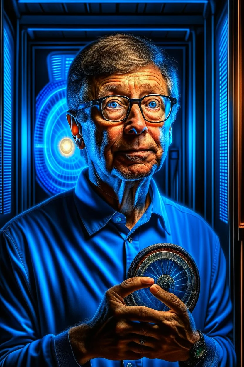 portrait of bill gates holding a dna patent in the style of giger, spray paint, photo realism, trending on art station, 8k, depth of field, down light, light rays, volumetric, white hall in spaceship, blue, brown and orange