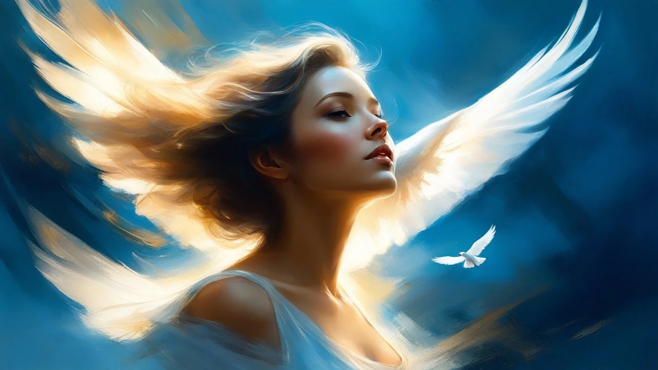 Fairytale Double Exposure. Close-up portrait of a Dove Woman in flight, Soft, warm light illuminates her, Detailed, realistic painting style reminiscent of Pino Daeni, Jeremy Mann and James Gurney. Soft, golden lighting with subtle shadows. High contrast, 16k resolution. Blue hues, Fine art, realistic, with abstract vector fractal elements in the background, evoking a sense of zentangle-inspired, fairytale wonder. Delicate, soothing colors with subtle 3D shadows