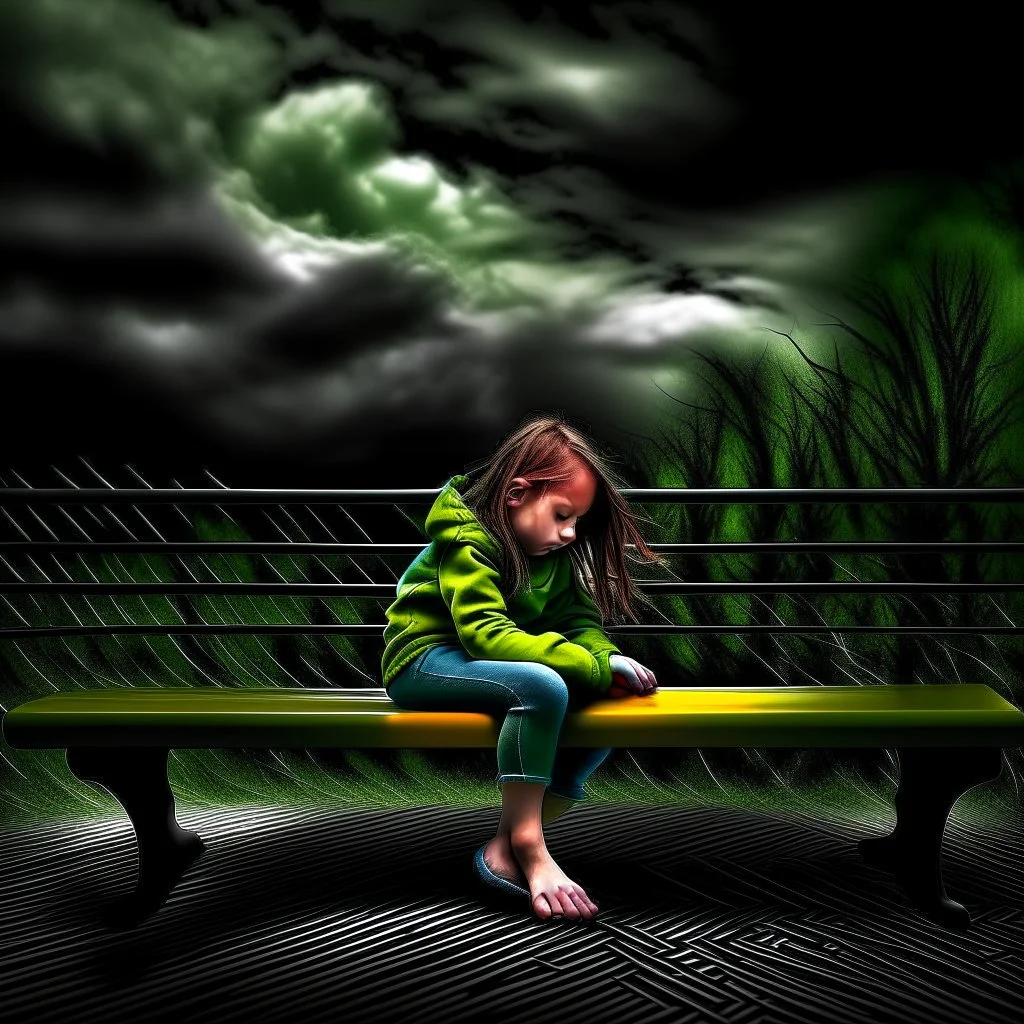 girl sitting on a bench. Stormy