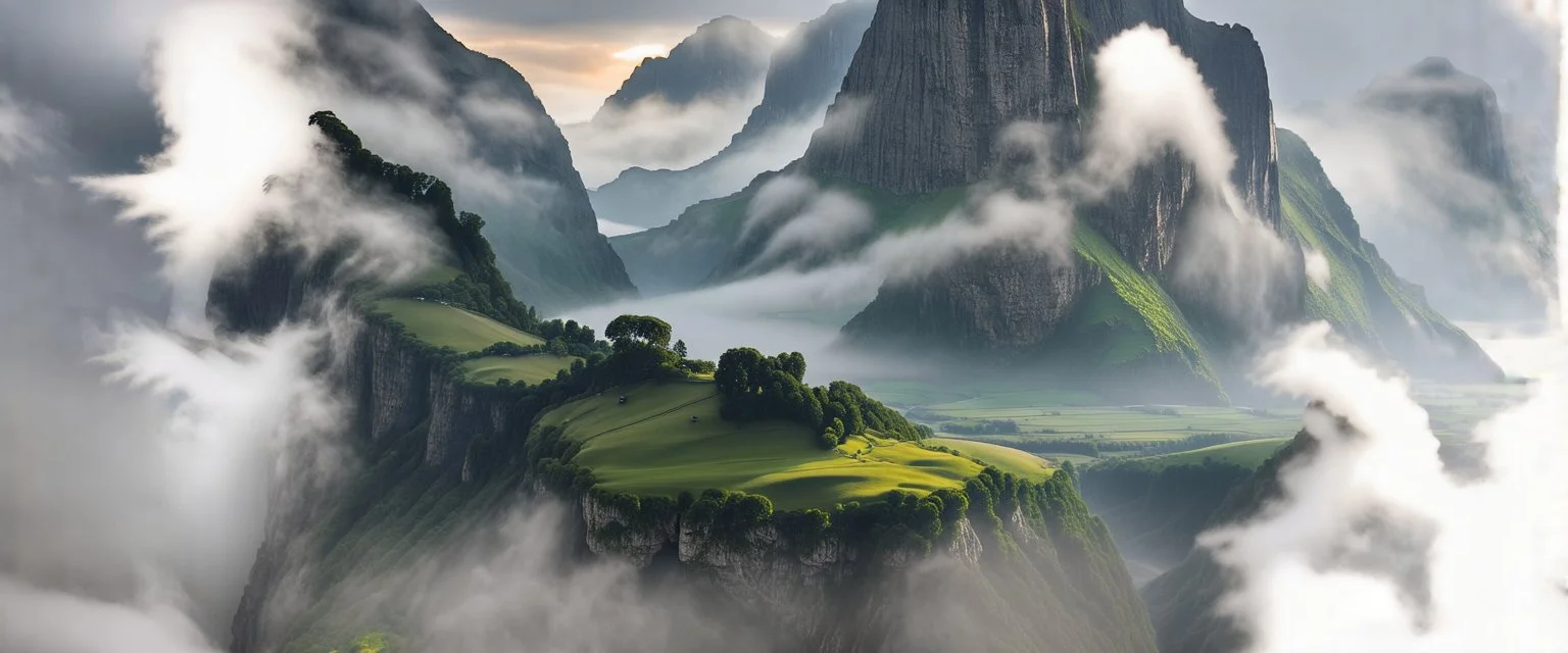 surrounded by clouds, the mountain cliff face climbs up and disappears into the mist. the fog settles over the valley and off to the sides, creating a sense of height and mystery