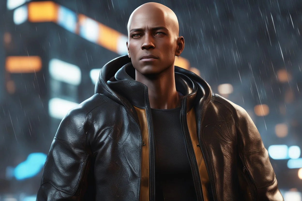 Markus black skin with no hair in 8k anime cgi artstyle, Detroit become human them, normal eyes, close picture, neon effect, rain, apocalypse, intricate details, highly detailed, high details, detailed portrait, masterpiece,ultra detailed, ultra quality