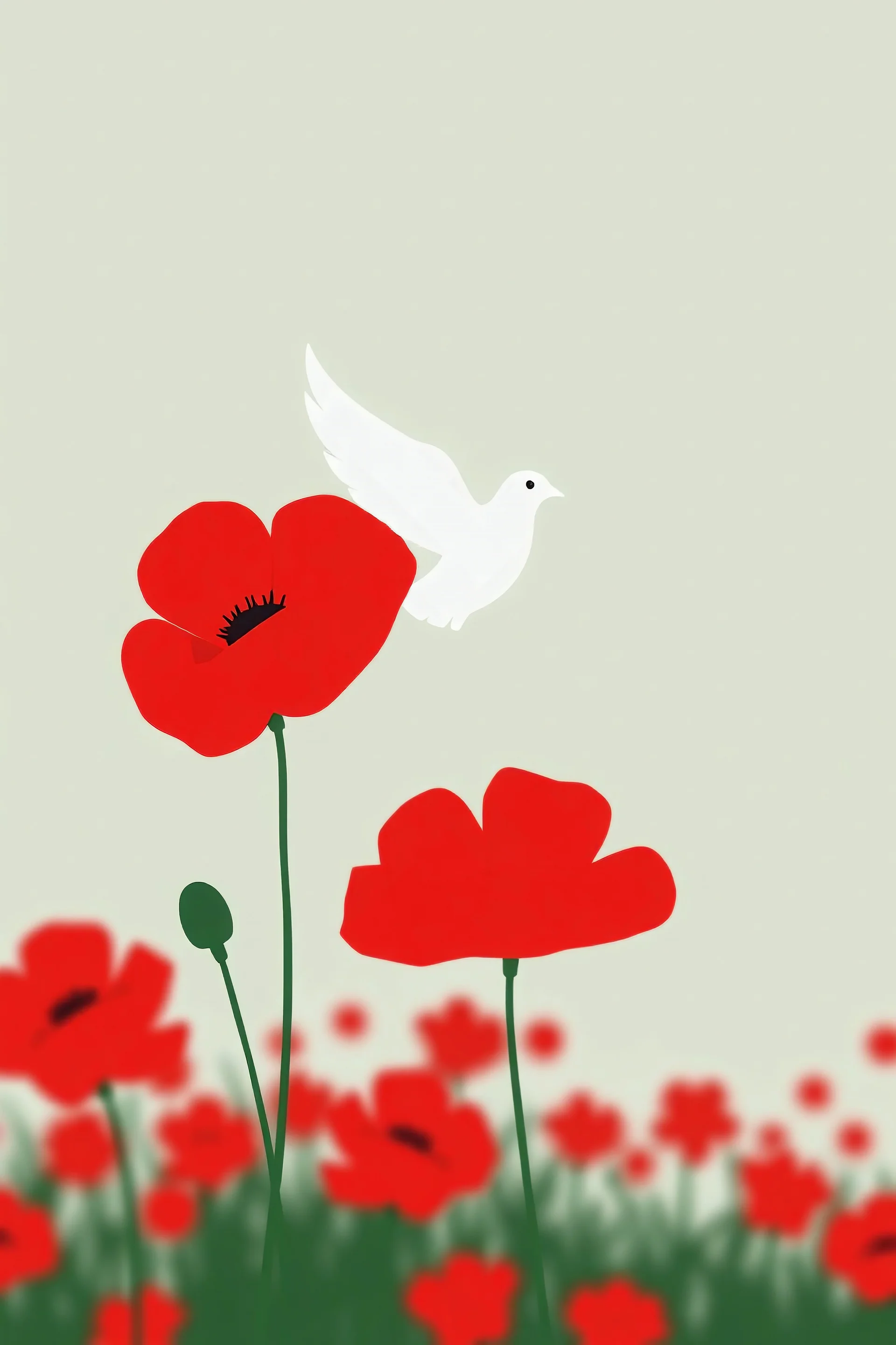 simple outline of a red poppy with a white dove hovering over it