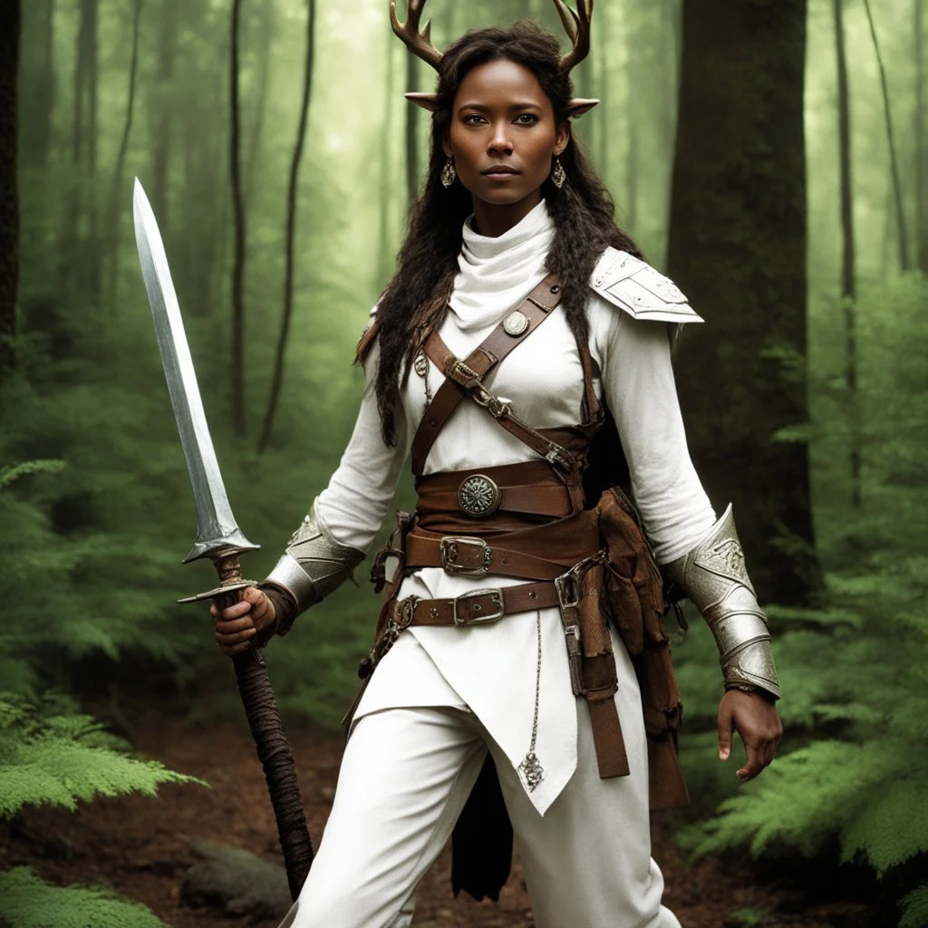 [photo in the forest by Kevin Eastman and Peter Laird] she is a ranger: her totem is a deer like a second skin of dark magic. Clad in a white tunic, brown pants, and a leather belt with mysterious pouches, her silver dagger in hand.