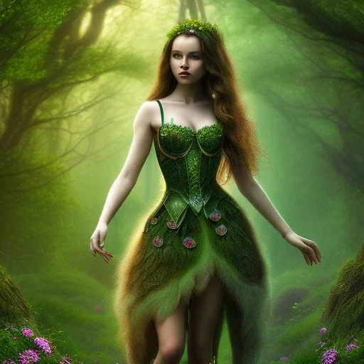 apple, upper body of dark celtic selda, fast walker, as a brunette young cute feminine woman, short hair, green forest background, pond, mega flowers,peacock,sun light