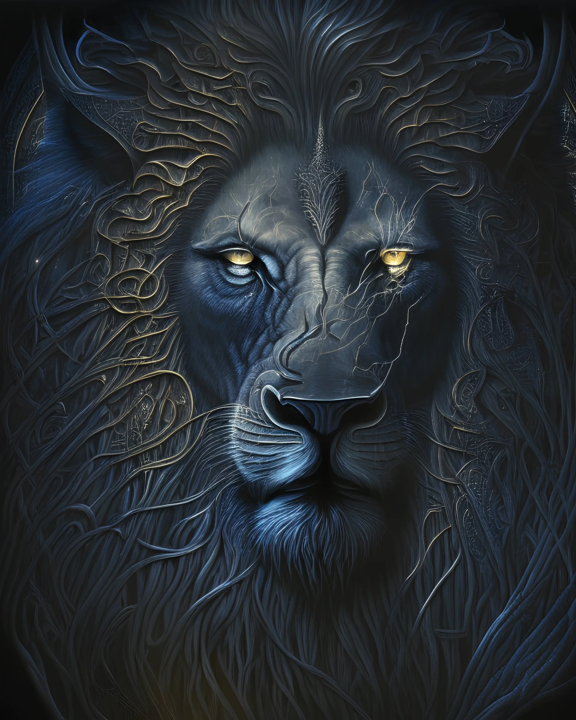 A dark, yet powerful portrait of a majestic lion, its eyes glowing fiercely in the moonlight, in the style of Gothic art, strong contrasts between light and shadow, intricate details, and an imposing presence, inspired by the works of H.R. Giger and Zdzisław Beksiński, capturing the untamed spirit of the king of the jungle.