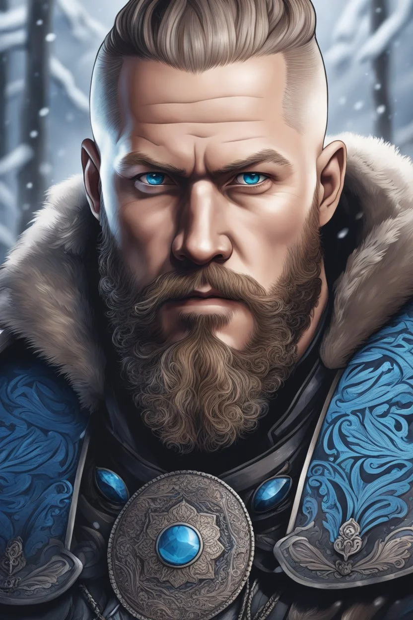 Blue picture Ragnar Lothbrok in 8k cartoon artstyle, blue eyes, Bald, beard, tattoos, winter, close picture, highly detailed, high details, detailed portrait, masterpiece,ultra detailed, ultra quality