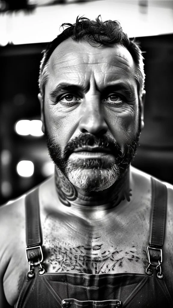 close up photography of a strong serious 50 years old chubby italian car mechanics man in dirty overalls and tank top, repairing a car, stand up near a car, tattoo, bulge, short beard, in a dirty street, dirty and ugly, bullneck, manly chest, in tank top, emotive eyes, sunlight, photorealism , ultra defined , photorealistic