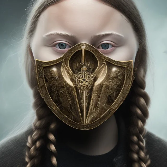  Greta Thunberg Mystery iconic mask, dramatique, art background, dramatic lighting, volumetric lighting, hyperrealisme, 8k, high quality, lot of details, fit within portrait