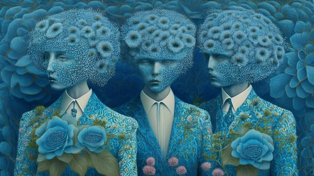 Surrealistic couple made out of blue coral that are wearing blue gray green iridescent tweed suits with paisley shirts and ties and have flowering plants on top of their heads