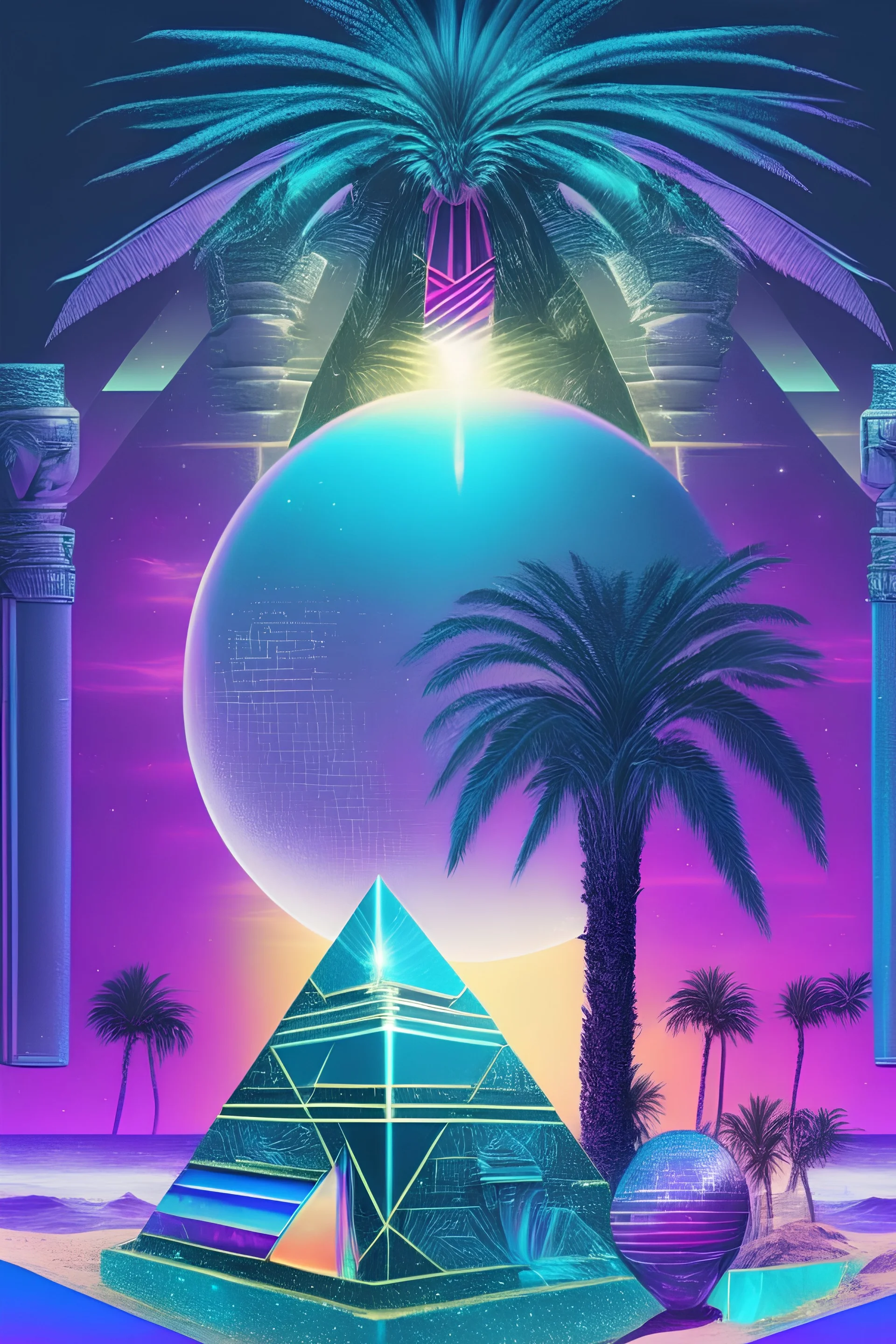 vaporwave, tarot card, palm trees, crystal ball, pyramid, galaxy, horus